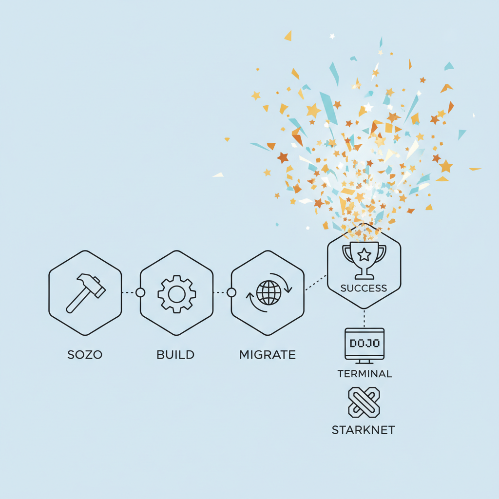 sozo build migrate success terminal dojo starknet, exploding success particles