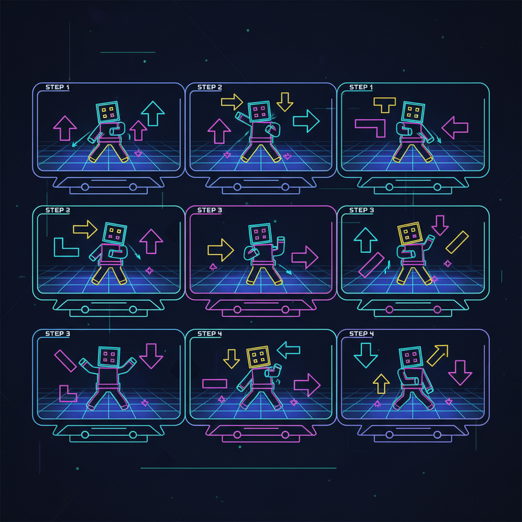 pixel players dancing moves on neon grid, arrows showing directions, synced across screens