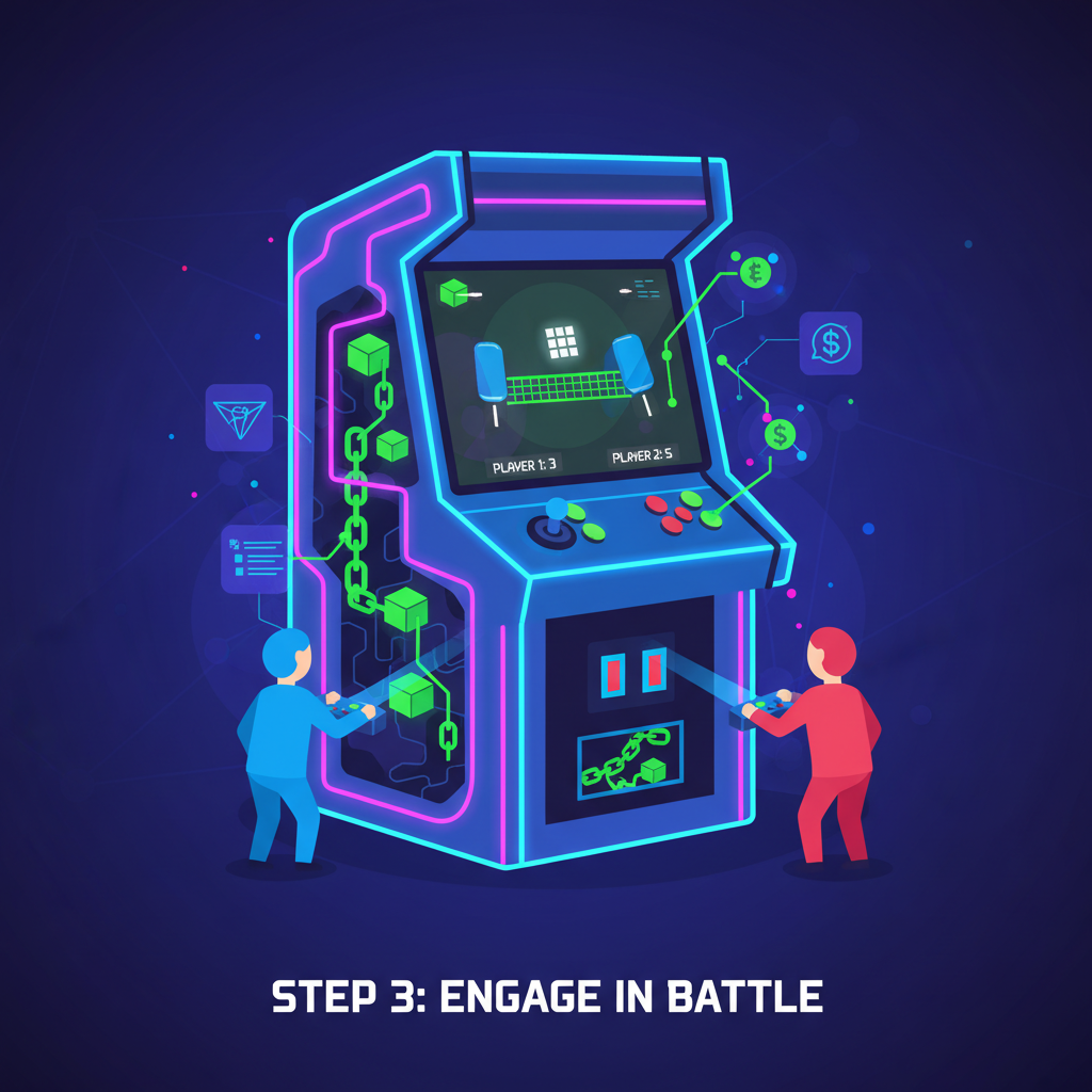 two players battling on-chain Pong, neon arcade cabinet with blockchain chains