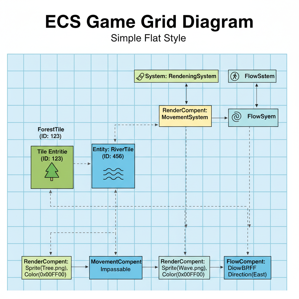 ECS diagram with tile entities and components in game grid