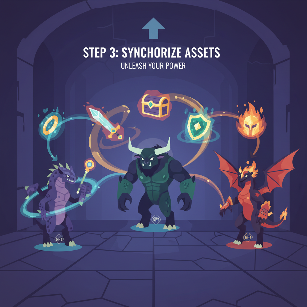 glowing loot items synergizing with monstrous beast NFTs in dungeon