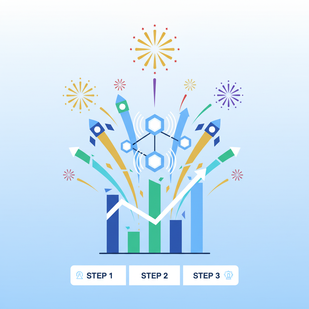 Graph charts exploding upwards with retention metrics, blockchain nodes pulsing, success fireworks
