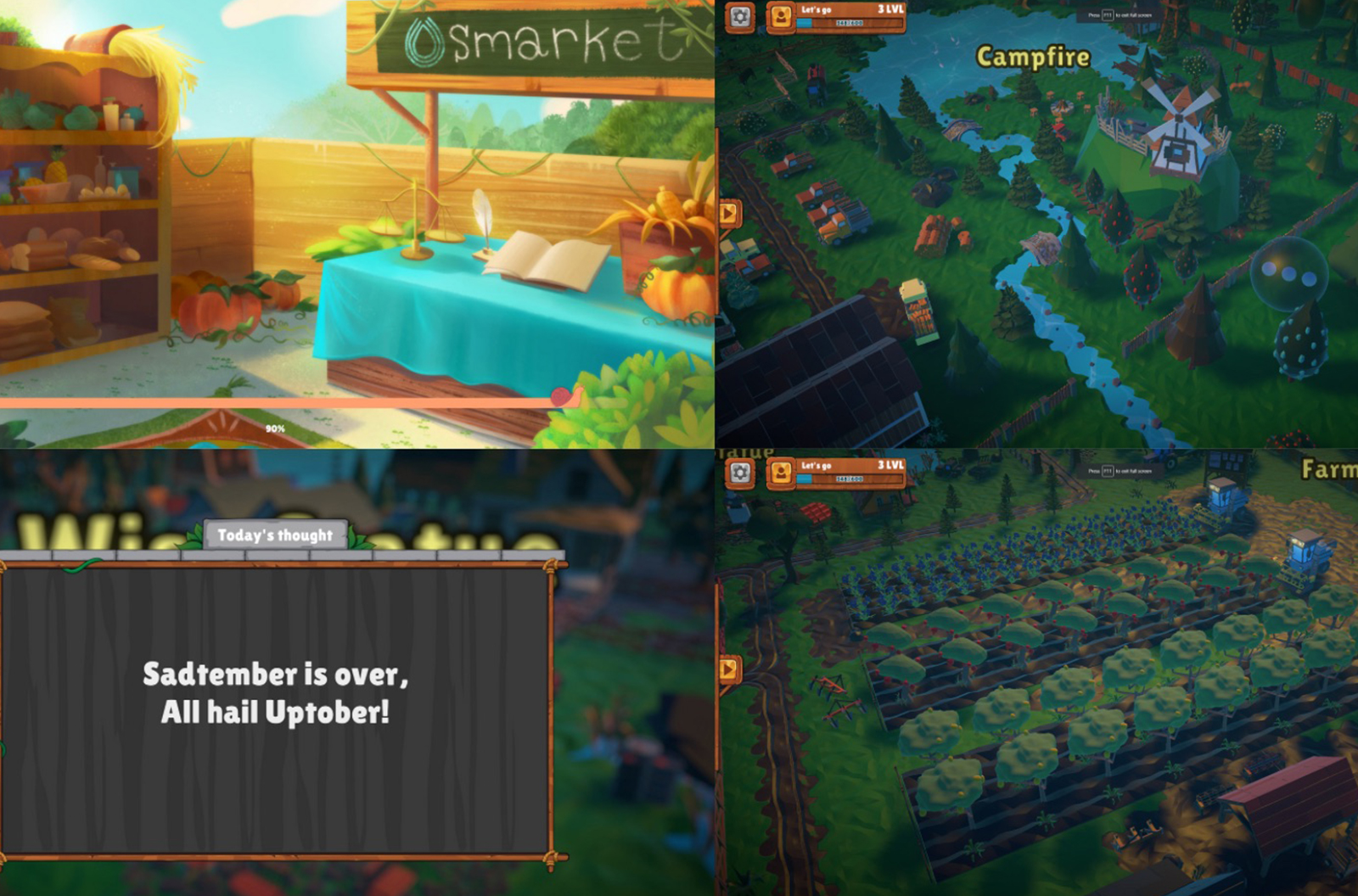 Vibrant pixel-art farm scene from DeFi Land featuring DFL and GOLD token icons, representing play-to-earn farming on Solana GameFi.