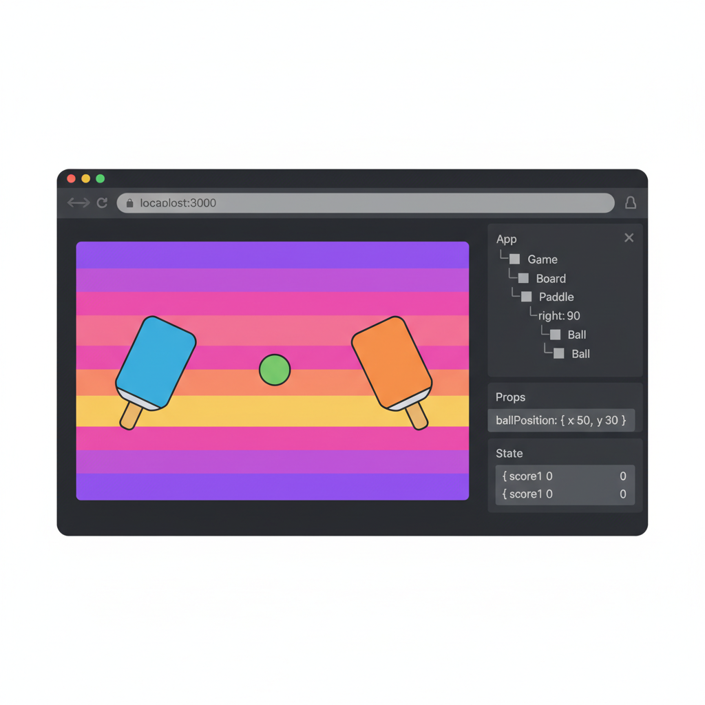 browser window displaying colorful Pong game canvas with paddles and ball, React dev tools open