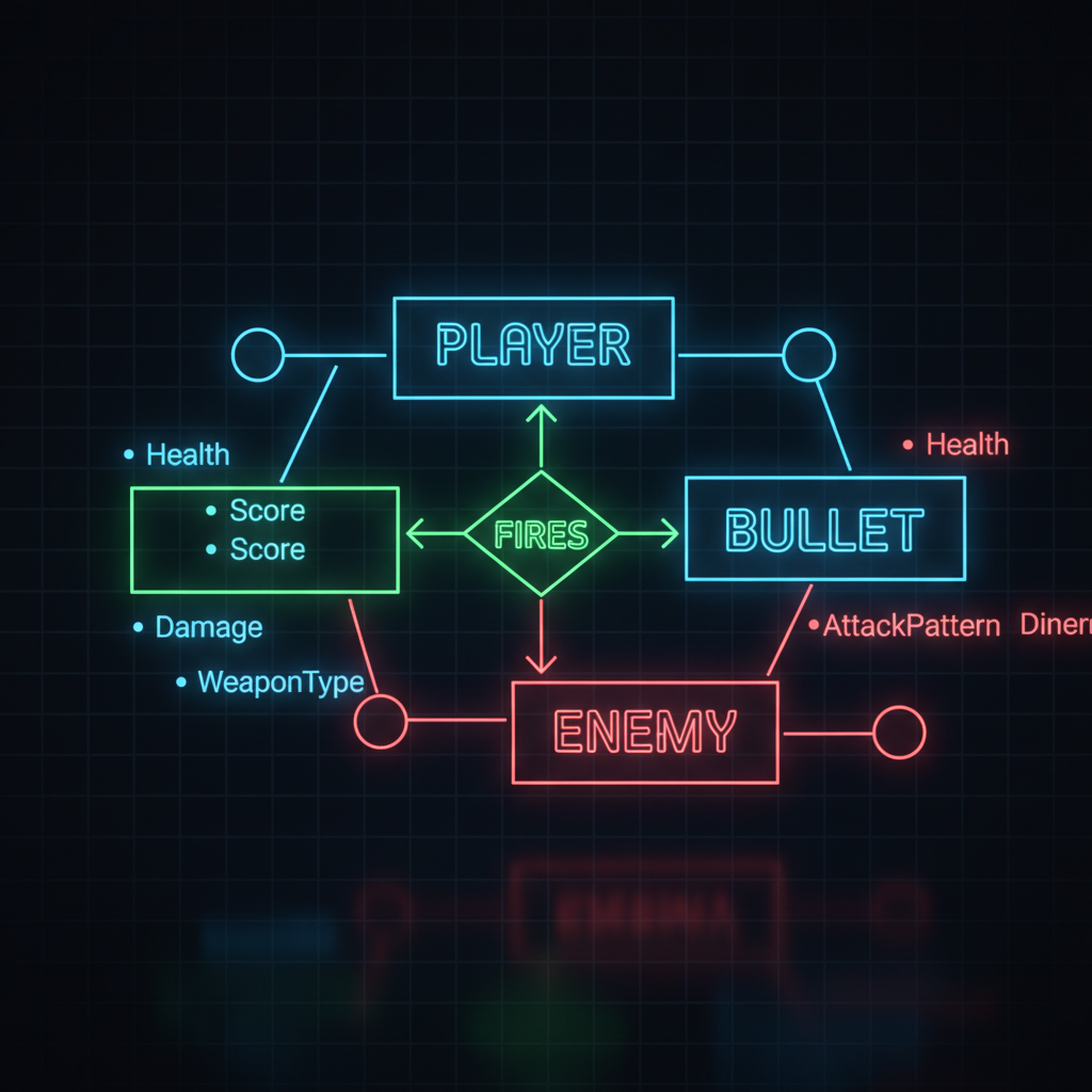 ER diagram of game entities player bullet enemy, neon wireframe, top-down shooter style
