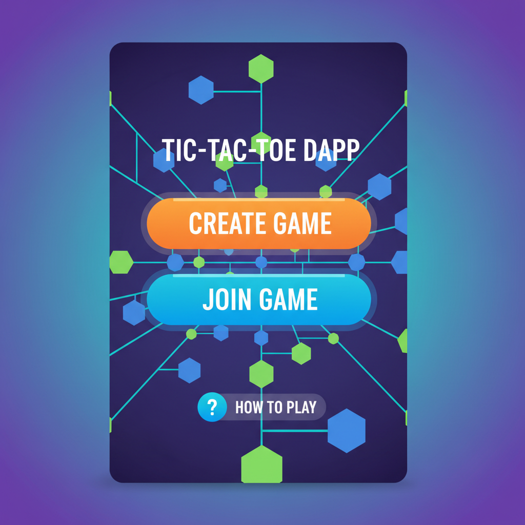 tic-tac-toe dapp screen with create and join game buttons, vibrant blockchain grid background
