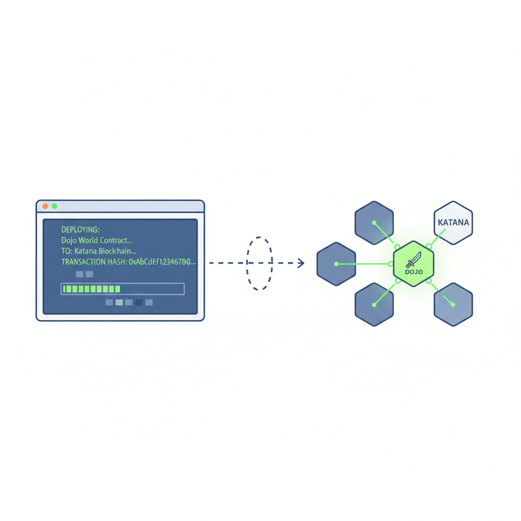 terminal deploying Dojo world contract to Katana, transaction hash, blockchain deployment animation