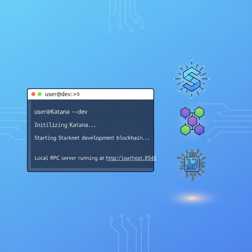 terminal window starting Katana node, Starknet blockchain icons, local dev environment glowing