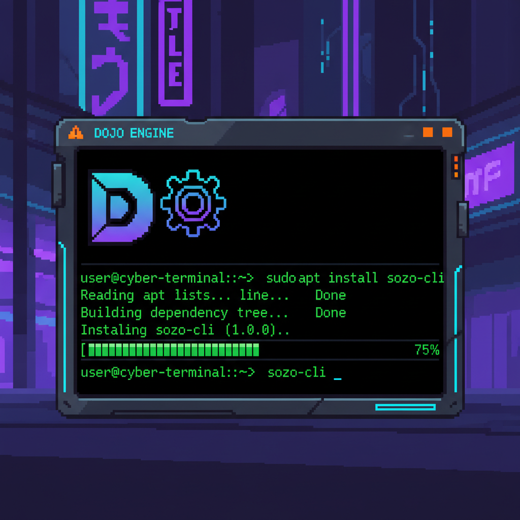 pixel art terminal window installing sozo cli, dojo engine logo glowing, cyberpunk style
