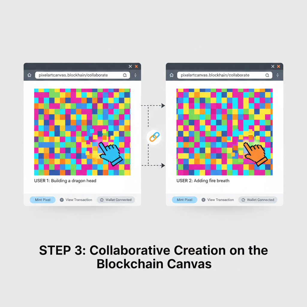 two browser windows side-by-side, users painting collaborative pixel art on shared blockchain canvas, vibrant colors exploding