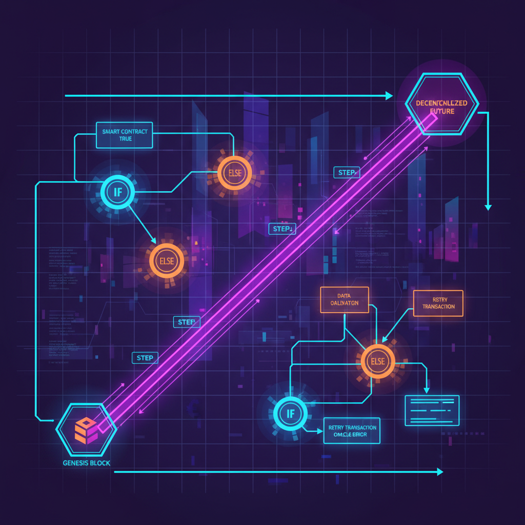 futuristic blockchain quest map with glowing triggers and if-statements, cyberpunk style, vibrant neon
