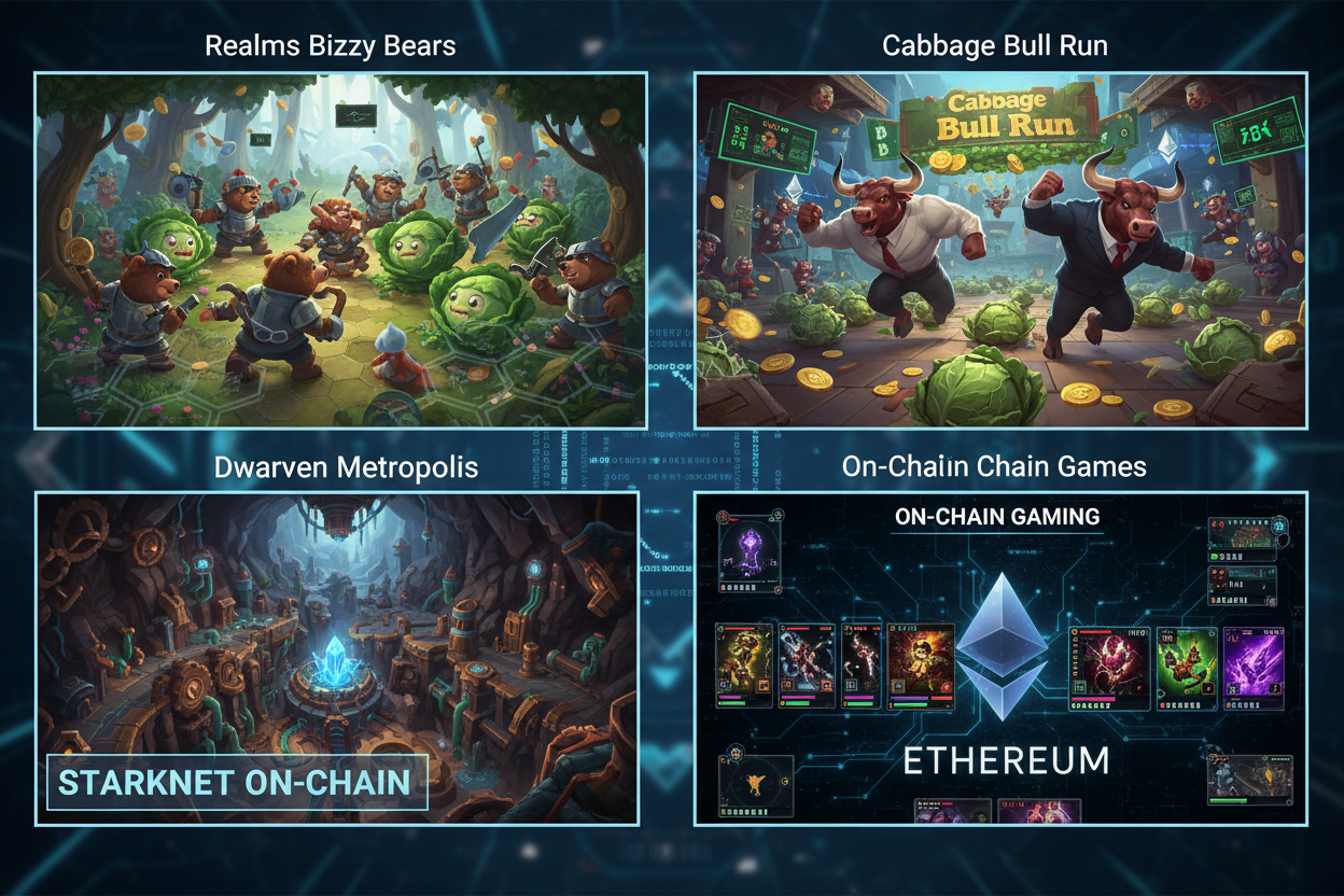 Dynamic collage of top 5 fully on-chain games Realms, Bizzy Bears, Cabbage, Bull Run, and Dwarven Metropolis in action using MUD on Ethereum and Dojo on Starknet 2026