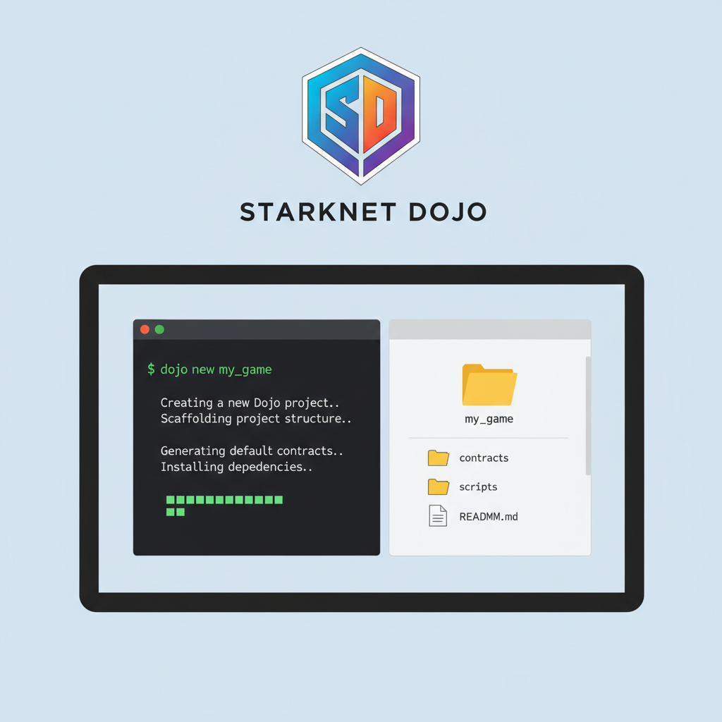 command line running dojo new my_game, project folder generating, starknet dojo logo futuristic