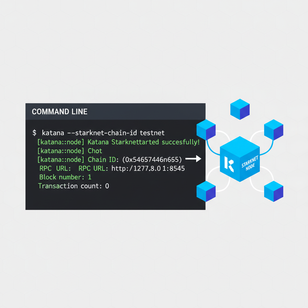 command line starting Katana Starknet node, green success logs, futuristic blockchain node visualization