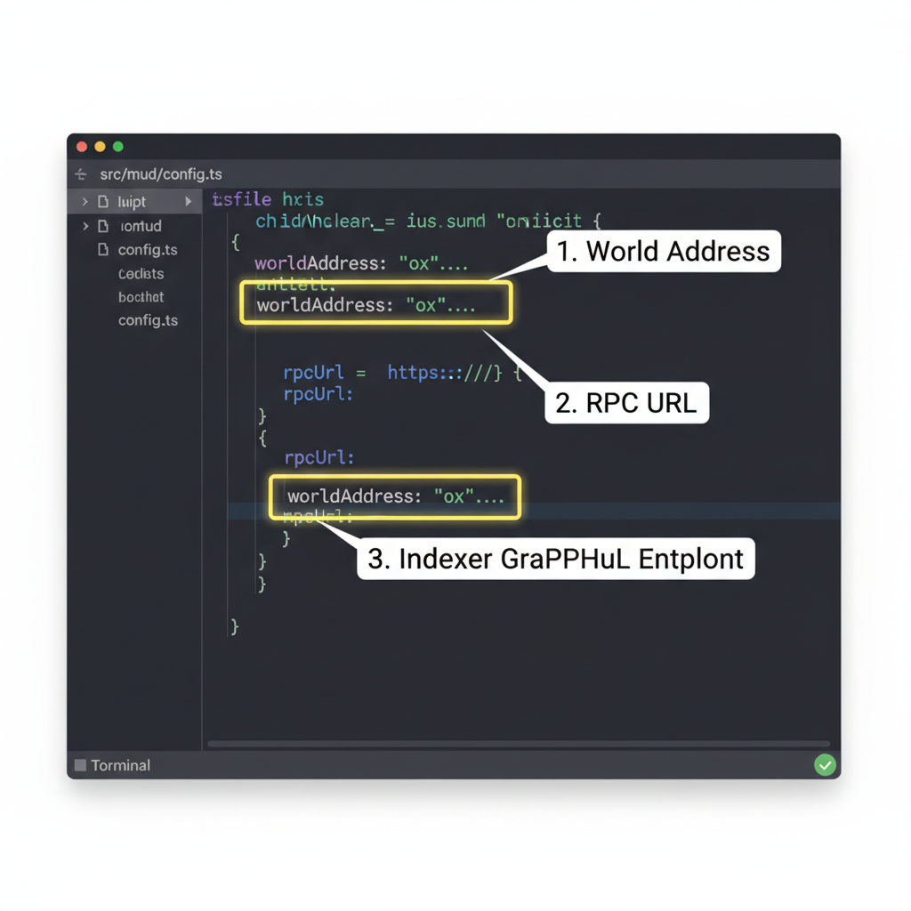 code editor screenshot of frontend MUD config with World address, RPC URL, and indexer GraphQL endpoint highlighted