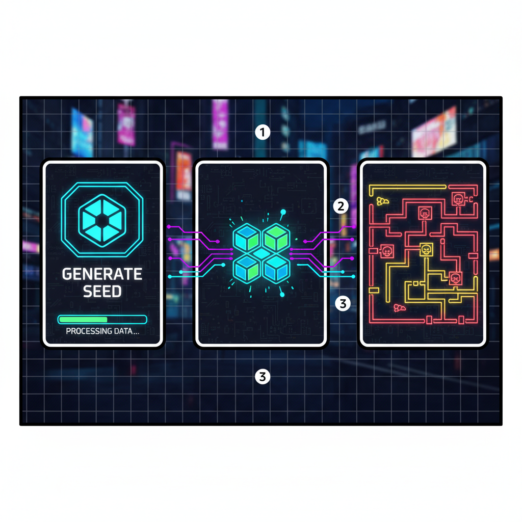 glowing blockchain seed generating dungeon map, cyberpunk neon style