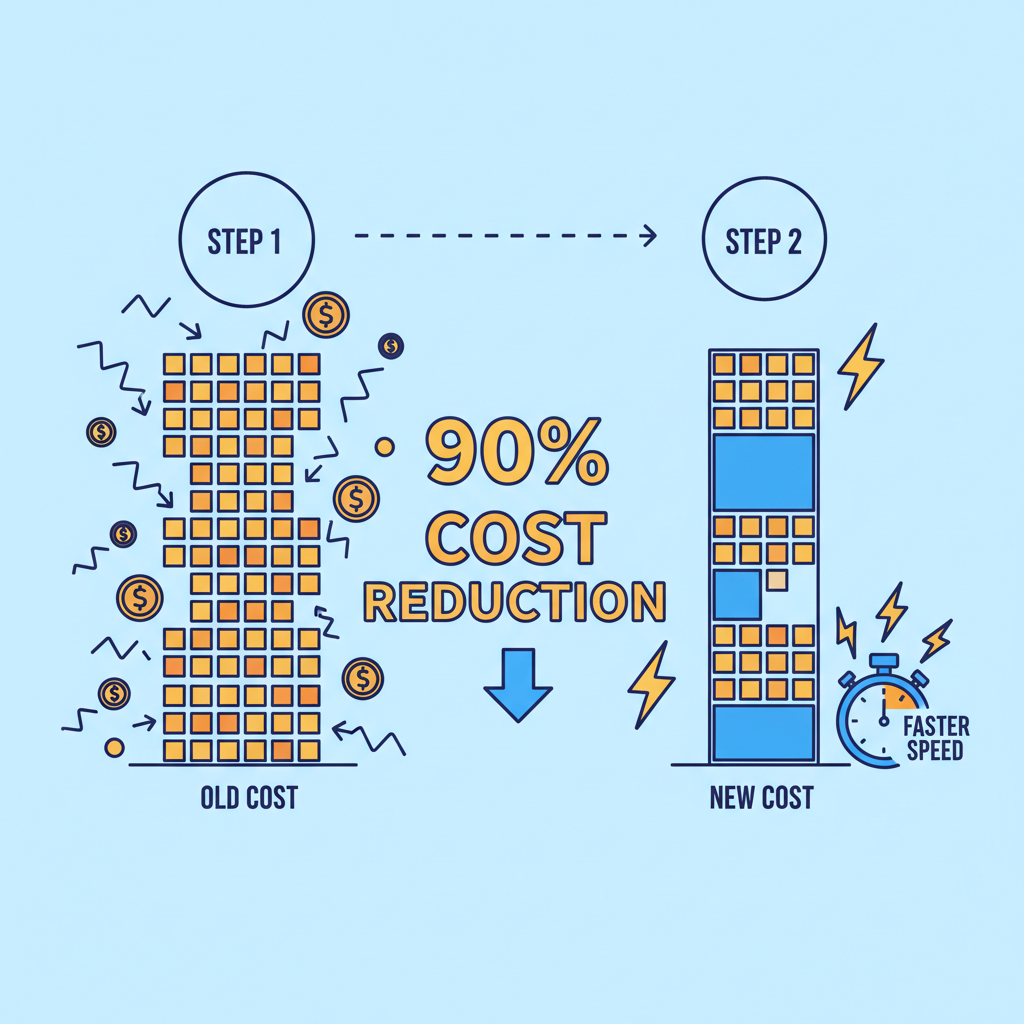graph showing 90% cost reduction batch updates, lightning bolts speed lines, game entities updating