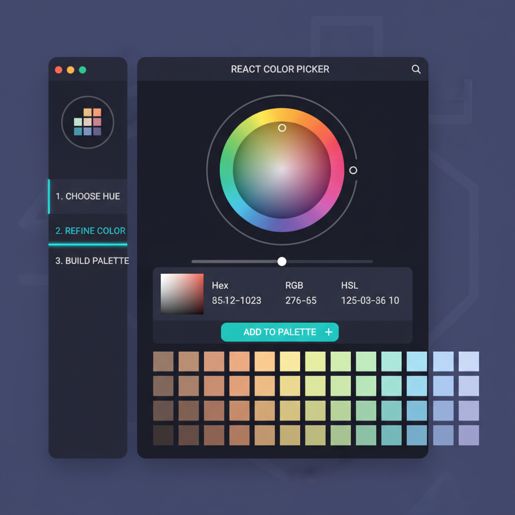 sleek color picker UI with pixel palette swatches, react app interface, modern dark theme