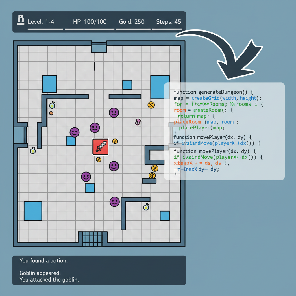 complete roguelike game screen with procedural dungeon and code overlay