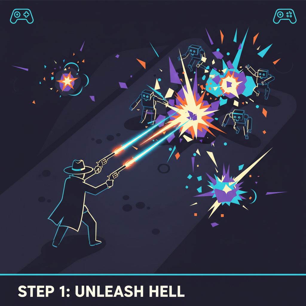 gunslinger firing neon bullets at robot horde, twin-stick top-down view explosive impacts
