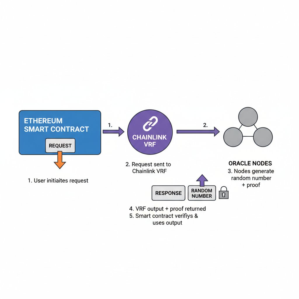 blockchain diagram Chainlink VRF connected to Ethereum smart contract, nodes and arrows