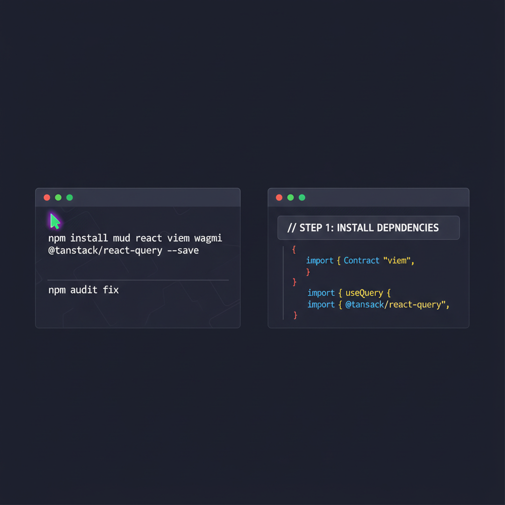 clean terminal window showing npm install commands for mud react viem wagmi tanstack react-query, modern dark theme code editor