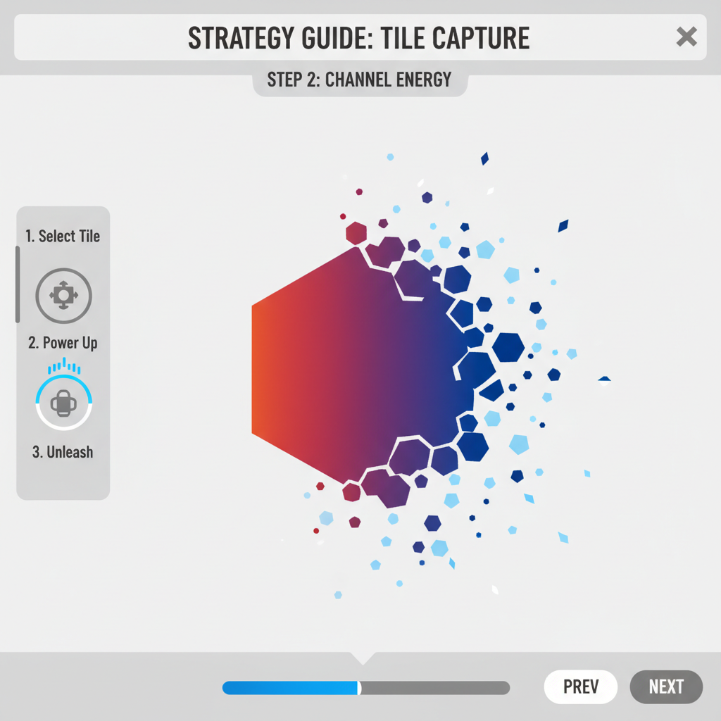 Tile capture animation red to blue, exploding effects, strategy game UI overlay