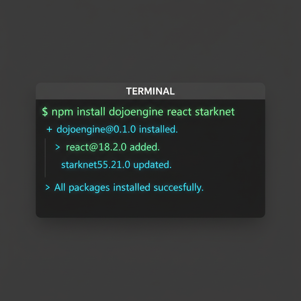 terminal window running npm install dojoengine react starknet, dark theme, code glow