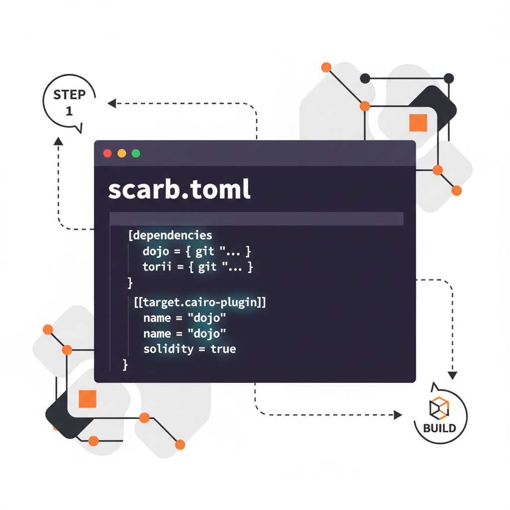 editing scarb.toml file dojo dependencies, cairo code glowing, starknet theme