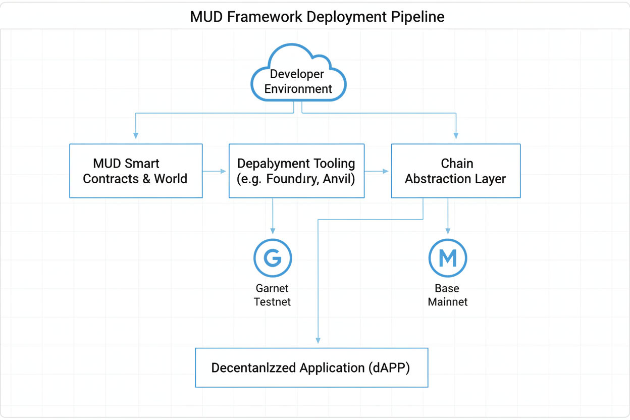 Diagram of MUD framework deployment pipeline from local development to Base mainnet, highlighting testnets like Garnet for on-chain games