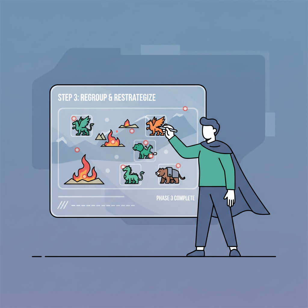 strategist adjusting beast squads on a holographic post-battle board