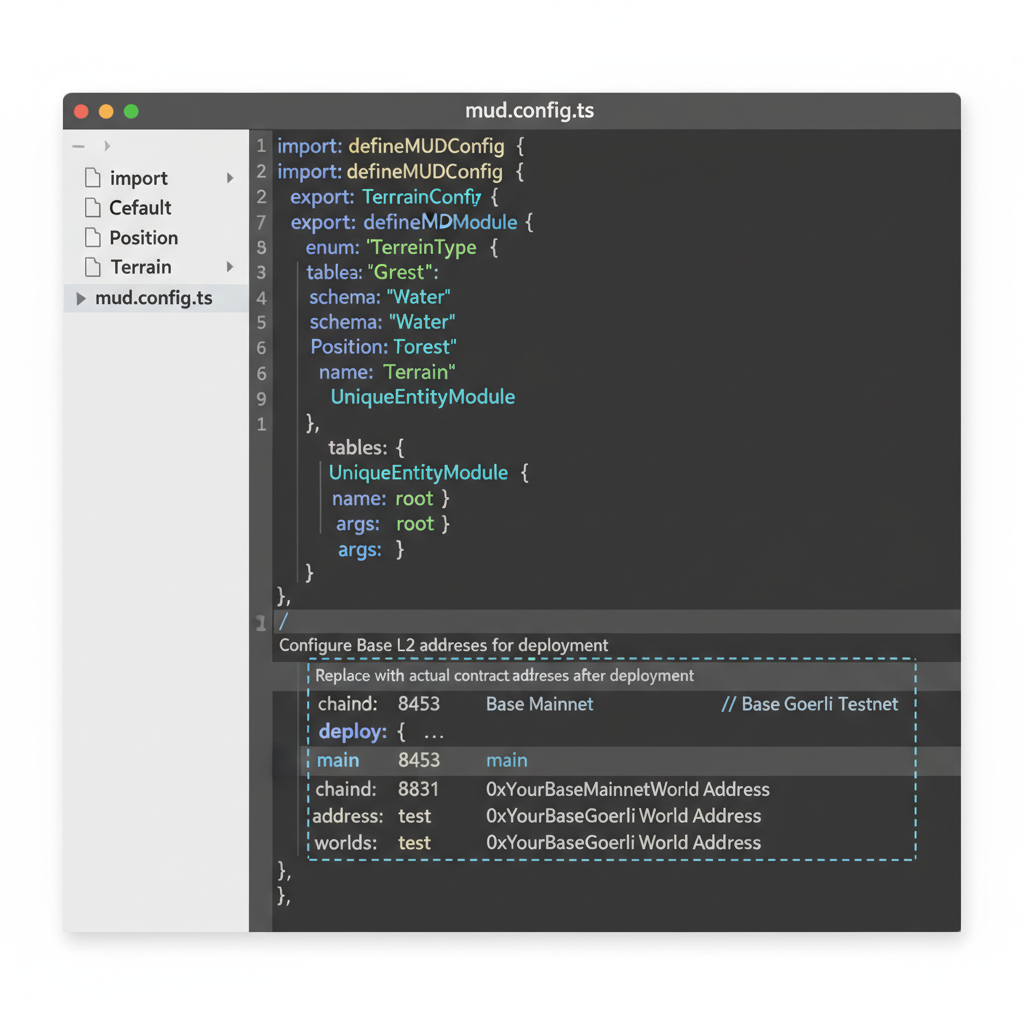code snippet in VS Code configuring MUD world client with Base L2 addresses, syntax highlighted JavaScript