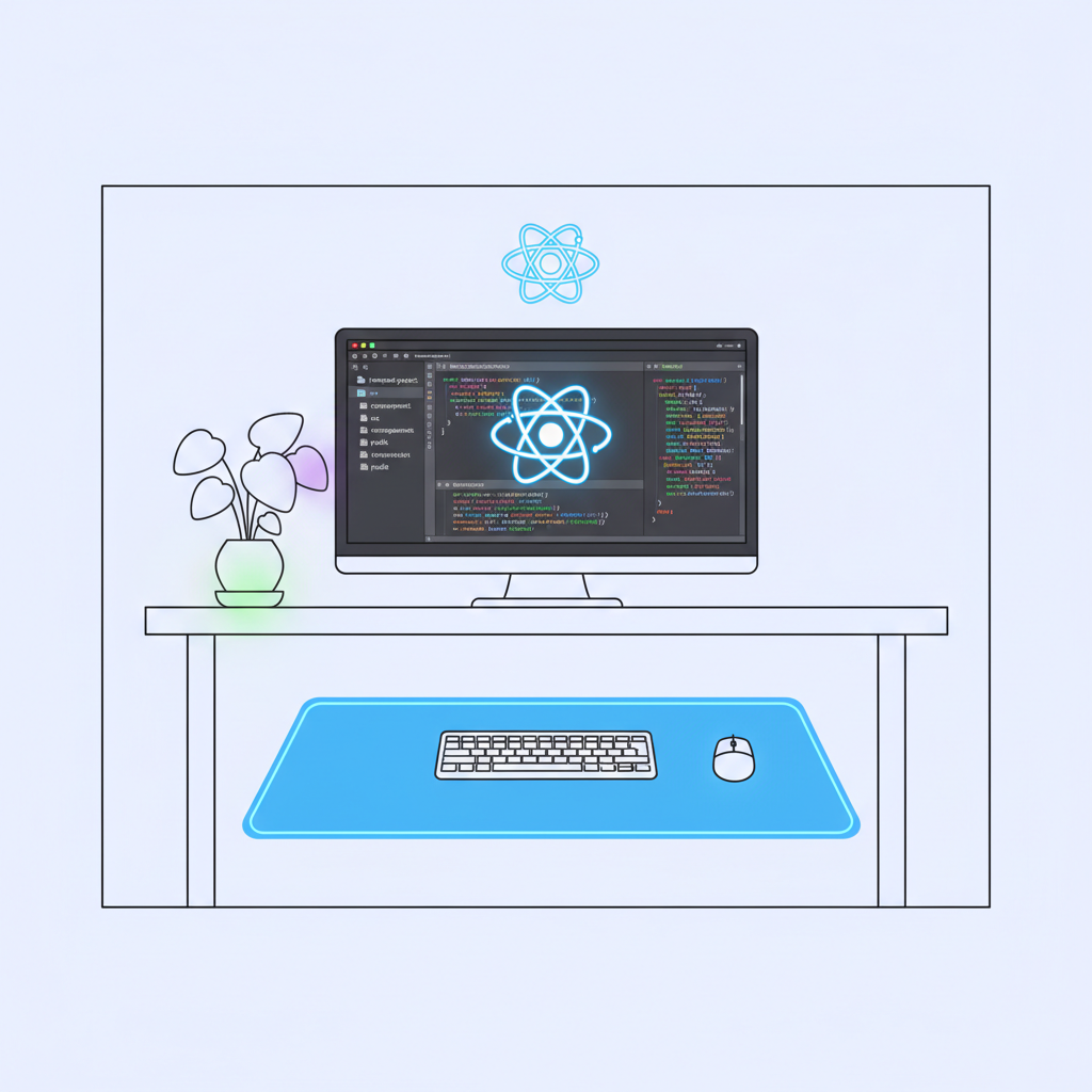 clean modern web dev setup with React logo, code editor open to frontend project folder, neon glow