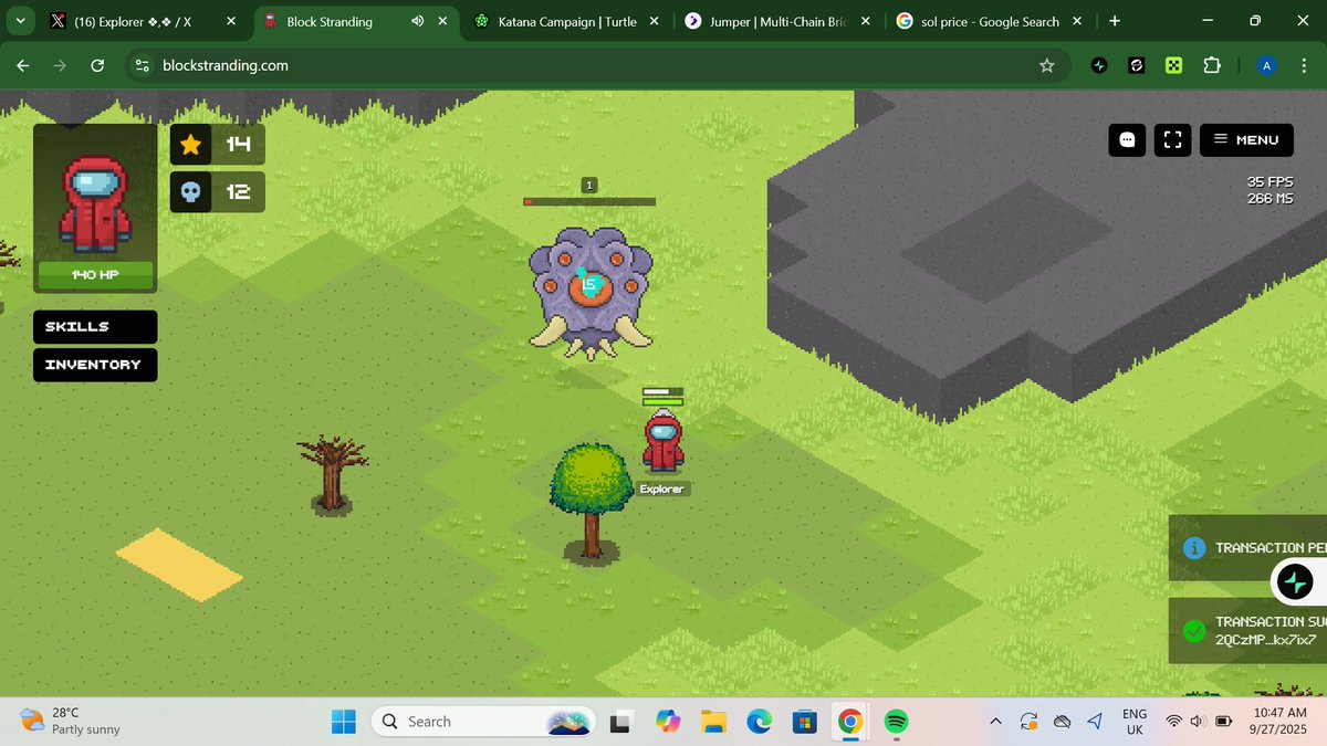 Block Stranding in-game screenshot featuring player avatars, inventory tokens, and Solana wallet integration in a vibrant MMORPG environment