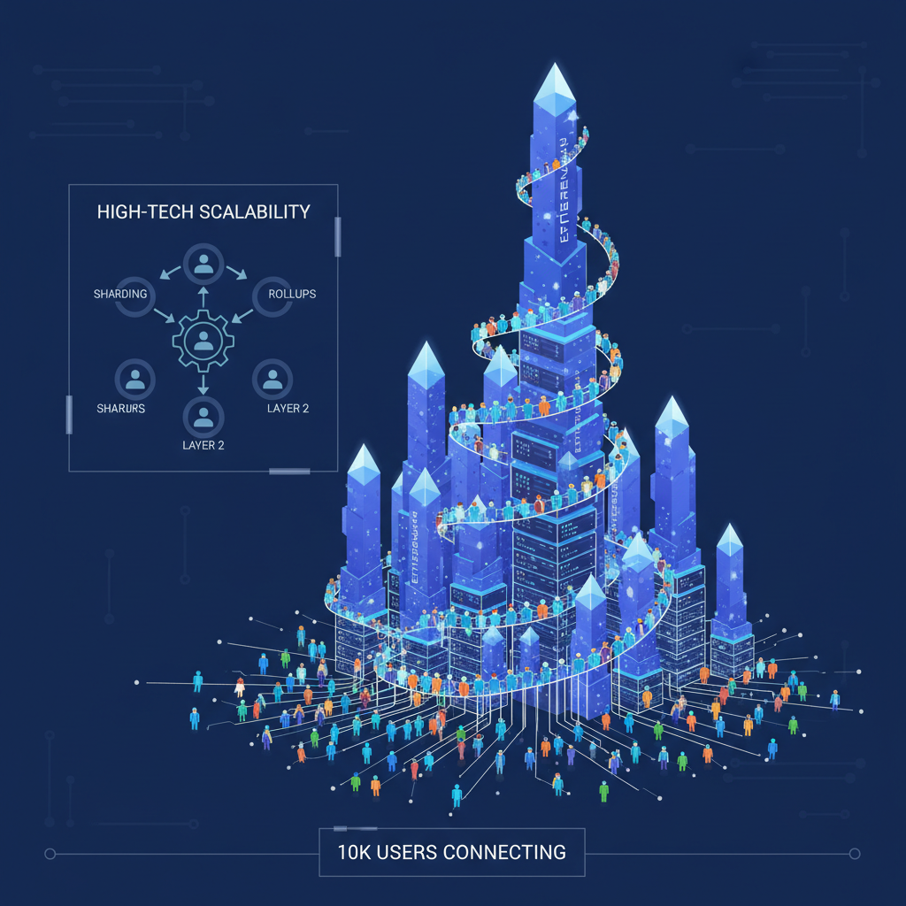 Massive server farm with Ethereum chains scaling up, 10k user avatars connecting, high-tech scalability viz
