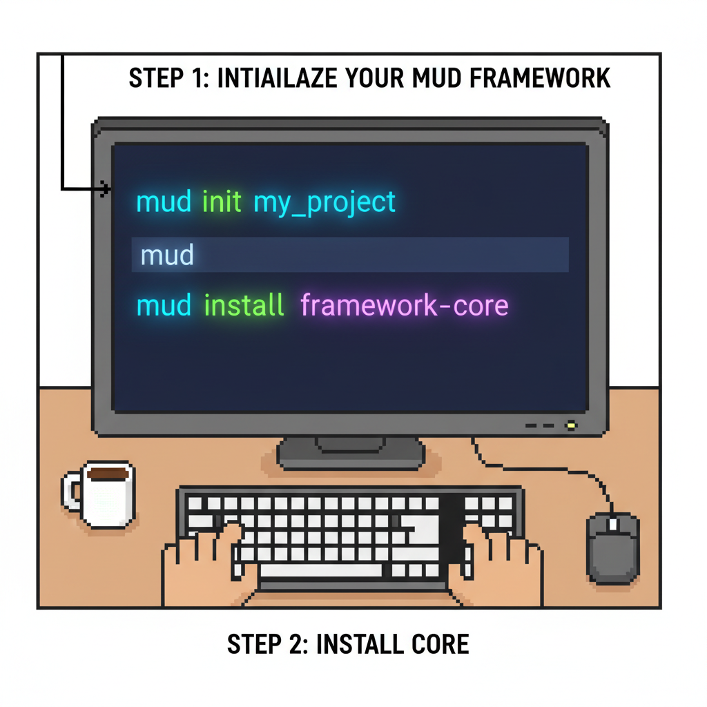 pixel art developer terminal setup with mud framework command line glowing neon