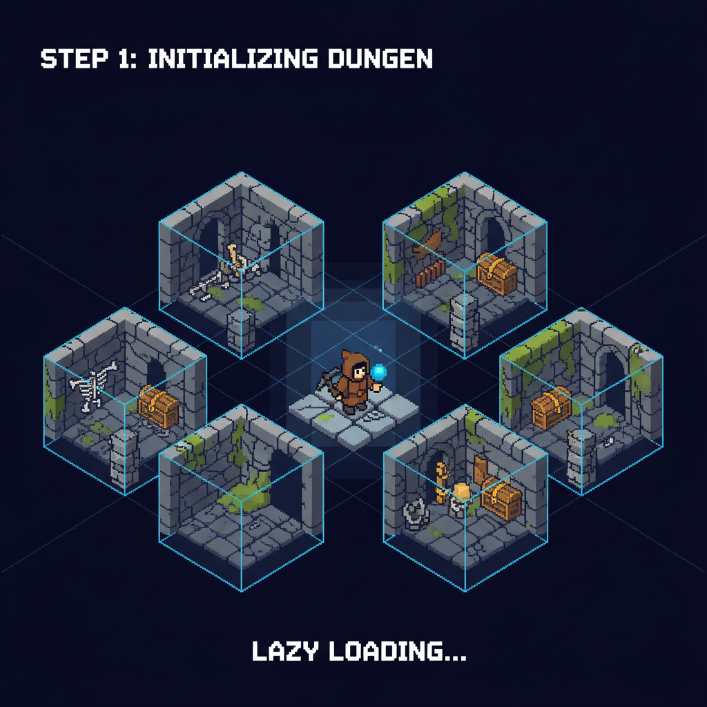 pixel art dungeon chunks loading lazily around explorer character