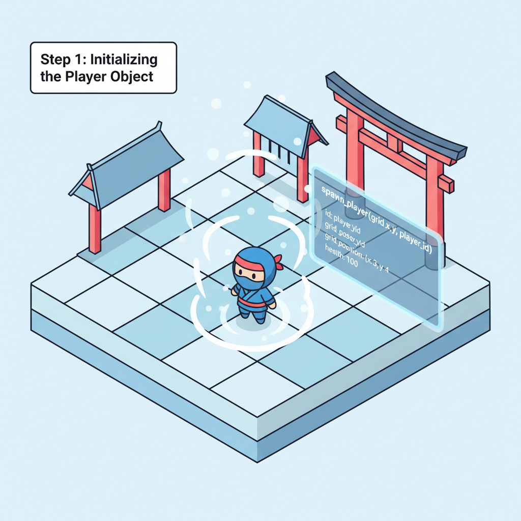 spawn_player function code in Ohayo Dojo, player spawning on grid, particle effects, isometric view